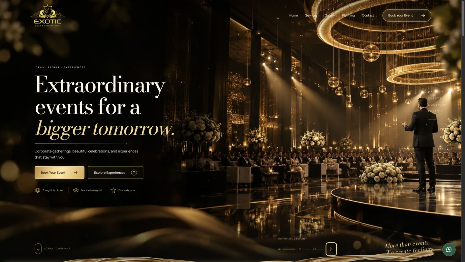 Exotic Event and Entertainment website with cinematic event imagery and planning services