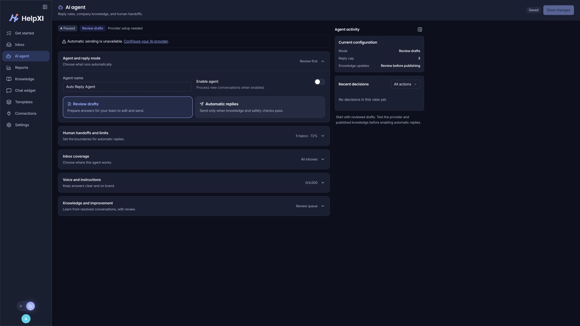 HelpXI — Agent controls — review mode, provider setup pending