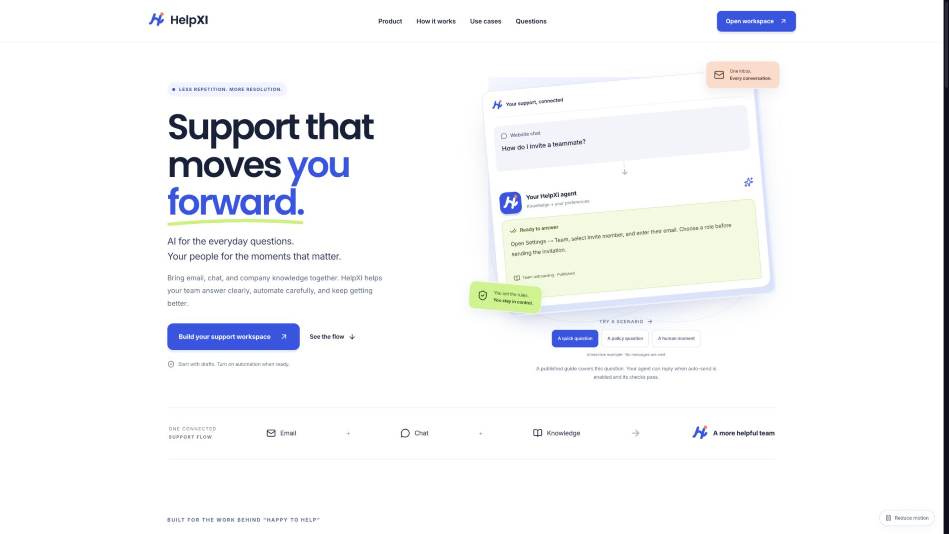 HelpXI support website explaining shared customer conversations and company knowledge