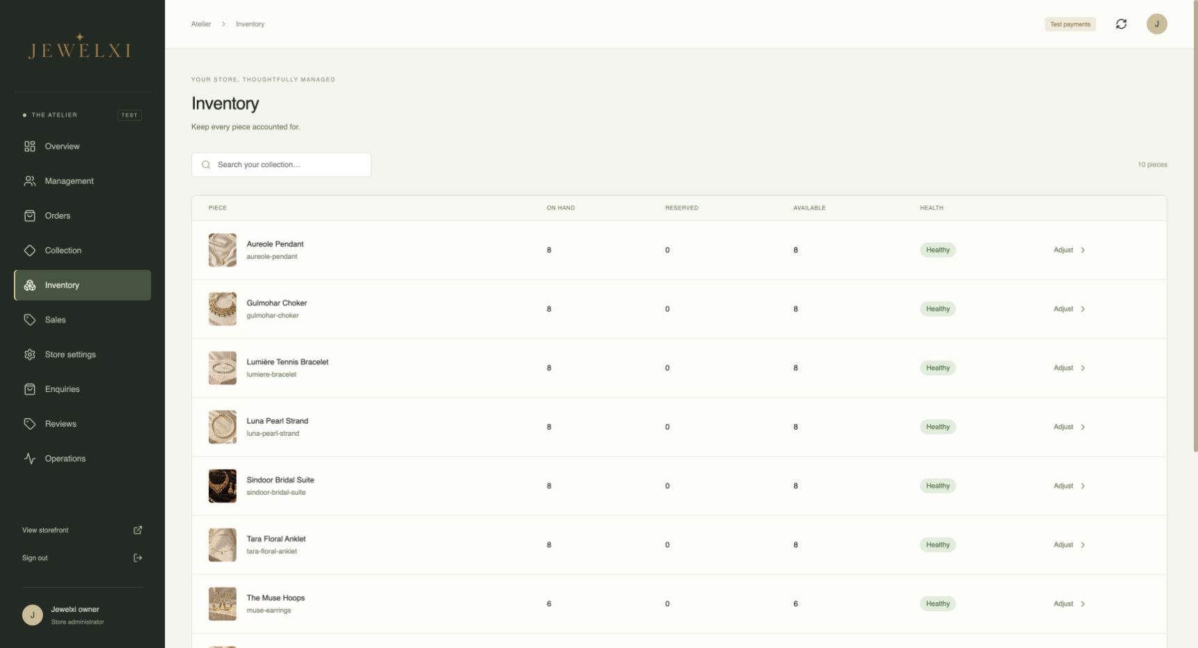 JewelXI — Inventory — illustrative catalogue