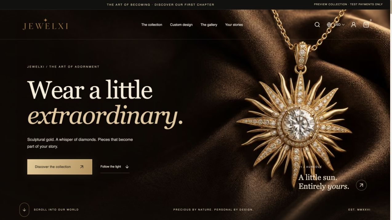 JewelXI jewellery ecommerce storefront with branded collections and a featured necklace