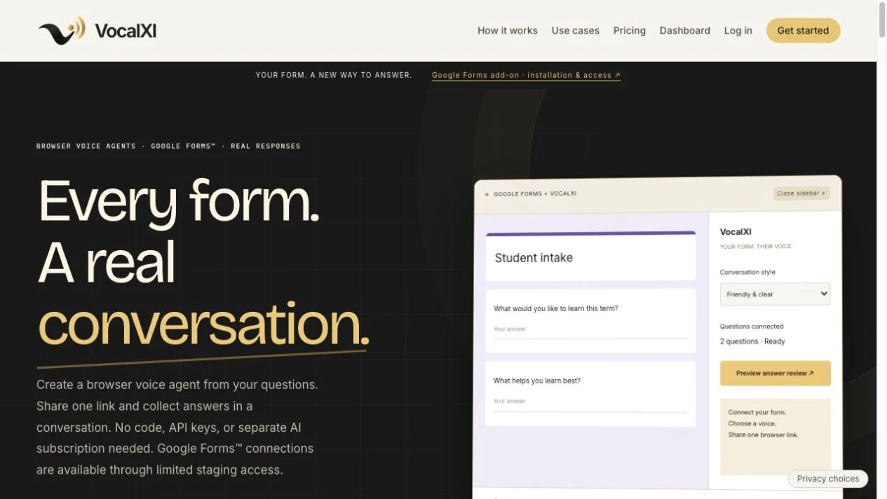 VocalXI browser voice forms website and response collection interface